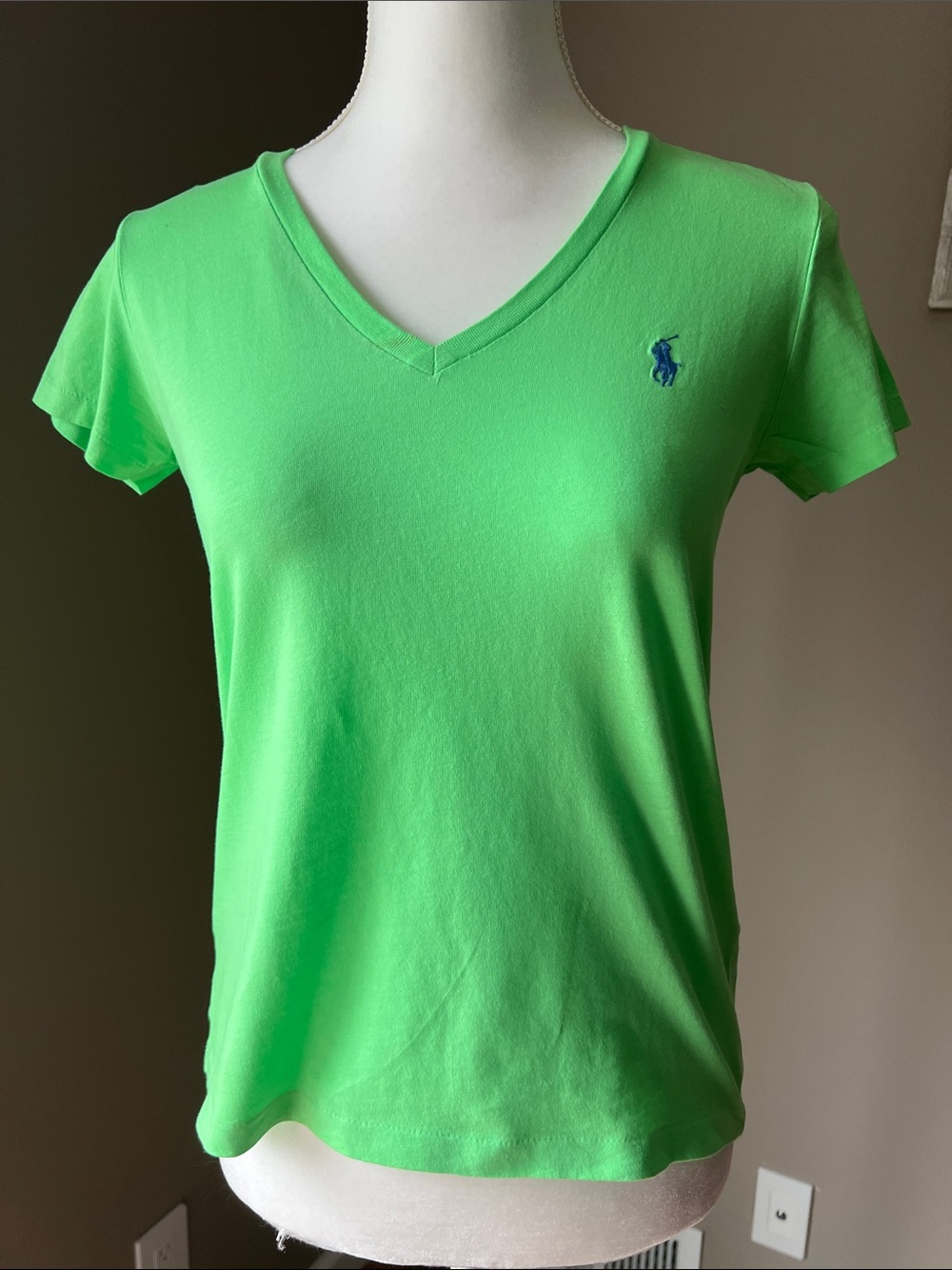 Ralph Lauren Women's Bright Green V-Neck Tee with Blue Pony